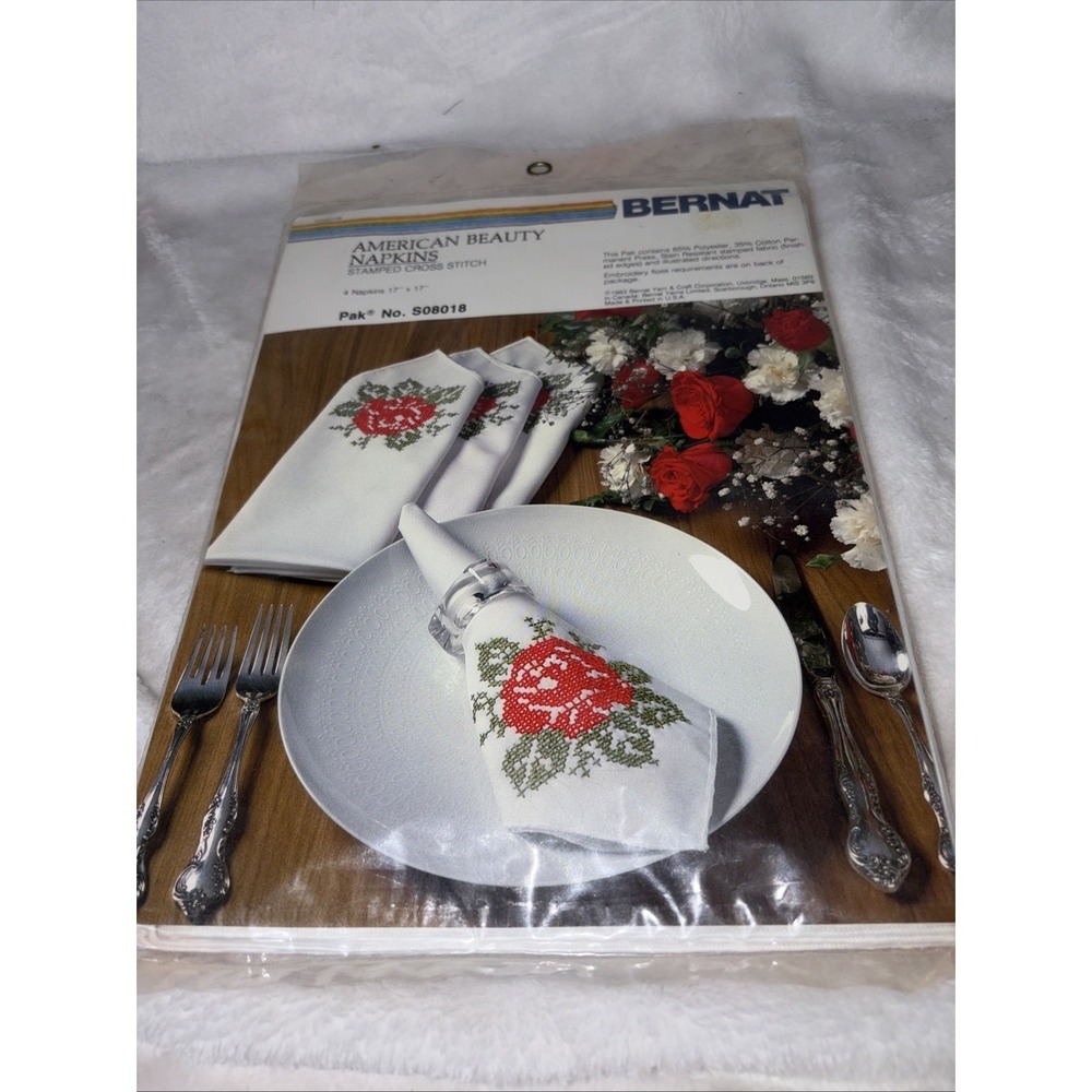 Vintage Bernat American Beauty Napkins Stamped Cross Stitch Kit NOS No Floss Inc